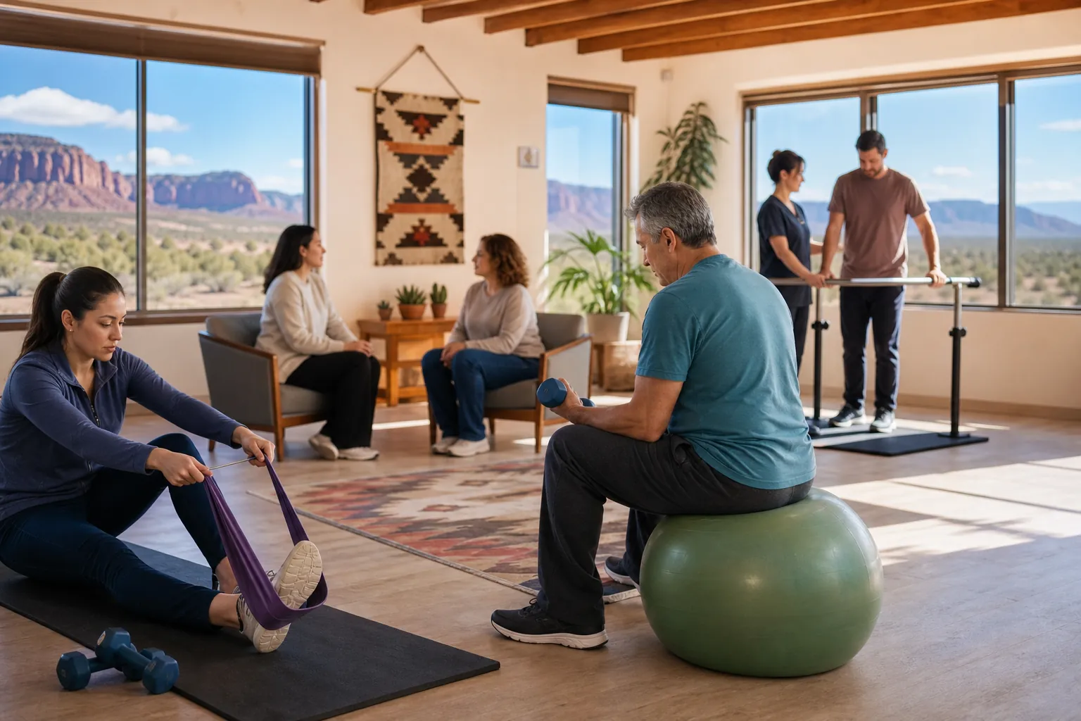 Patients receive strength, mobility, and counseling services in a bright outpatient rehabilitation center.