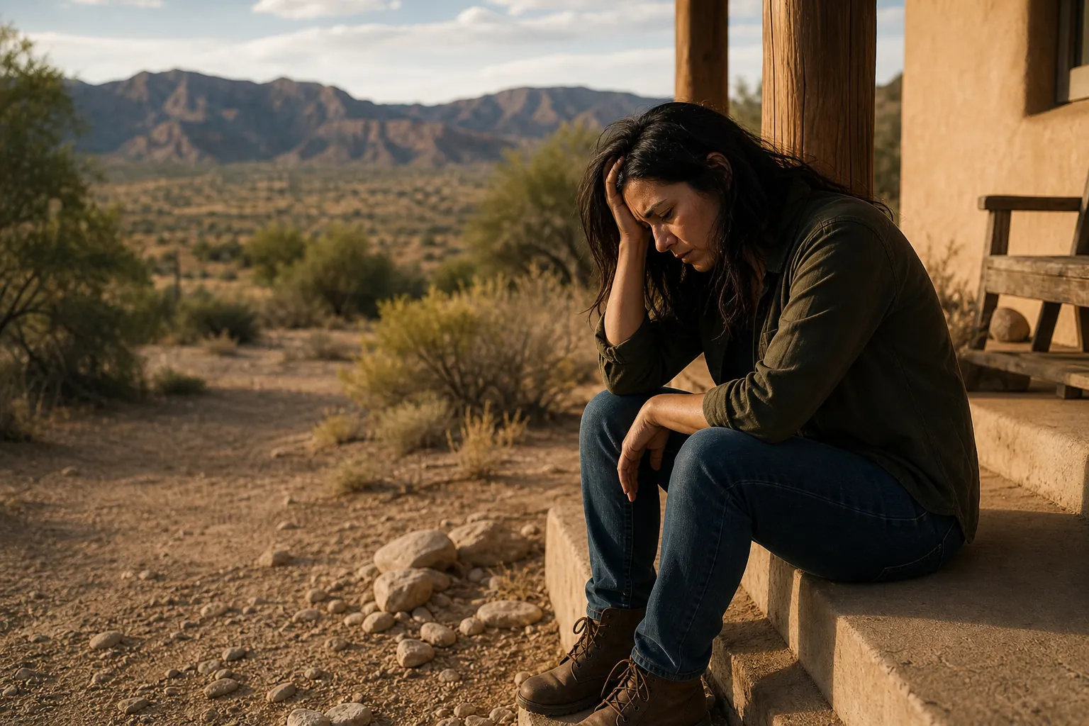 A distressed woman sits alone on adobe steps, holding her head beside a desert landscape and distant mountains.