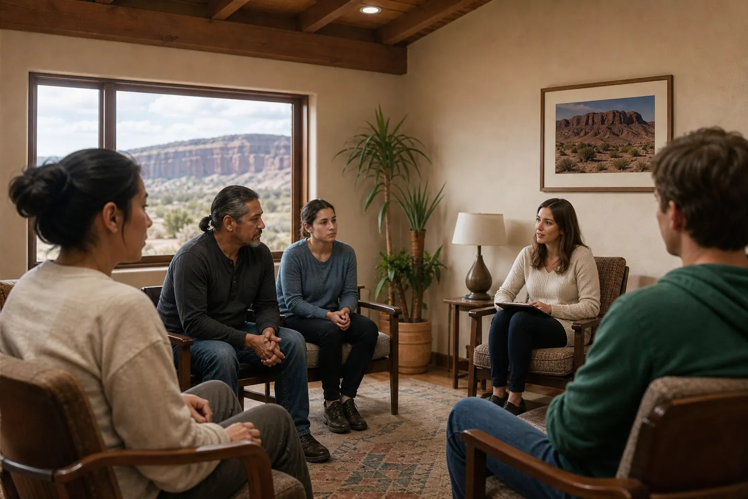 Five adults sit in a circle with a counselor during a group therapy session in a comfortable residential setting.