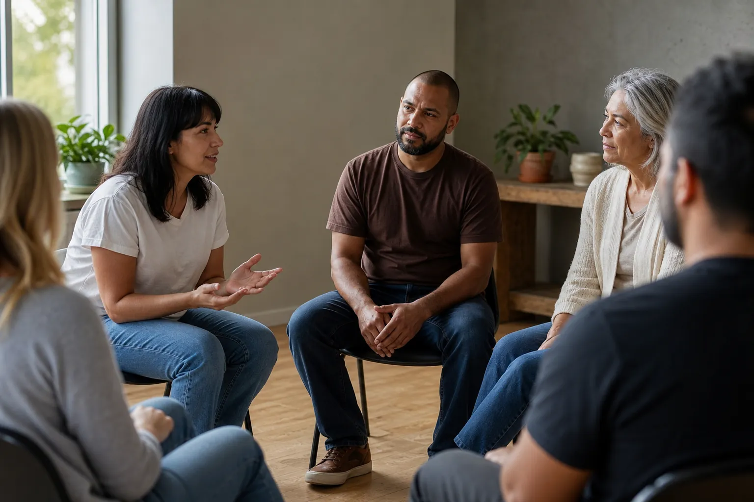 Five adults sit in a circle as a woman speaks during an outpatient substance use treatment group session.