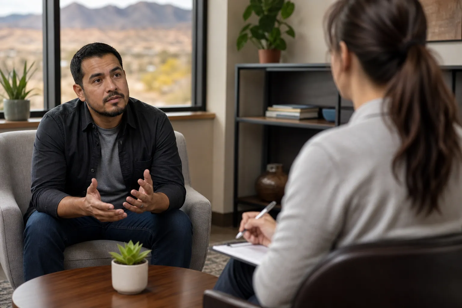 A man speaks with a counselor taking notes in an office overlooking a Southwestern desert landscape.