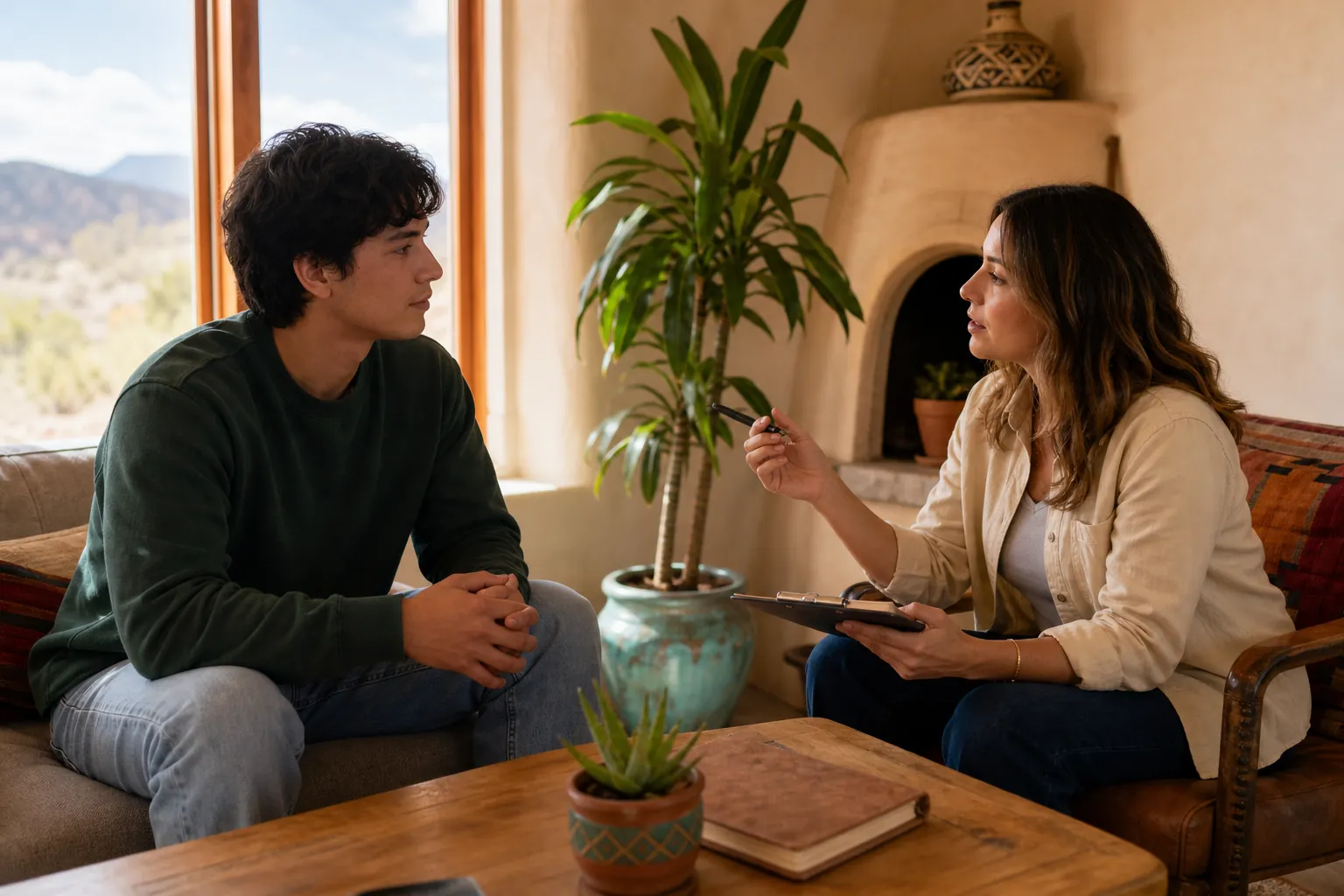 A young man speaks with a woman holding a clipboard in a warm Southwestern-style room with mountain views.