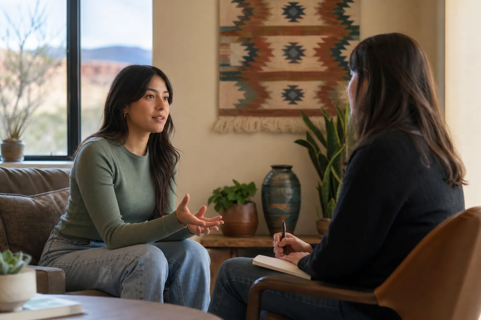 Young woman speaks with a counselor holding a notebook in a warm office with Southwestern decor.