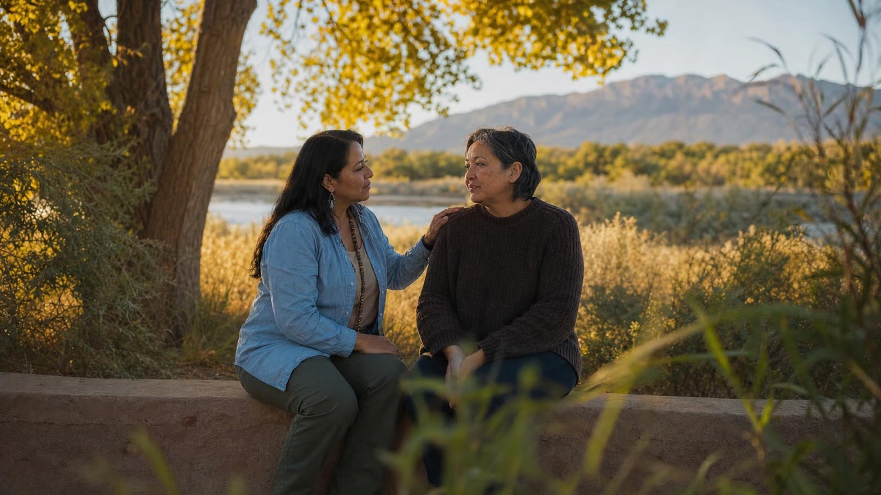 Community care and peer connection in Albuquerque, NM Two people sharing a caring conversation near the Rio Grande bosque in Albuquerque