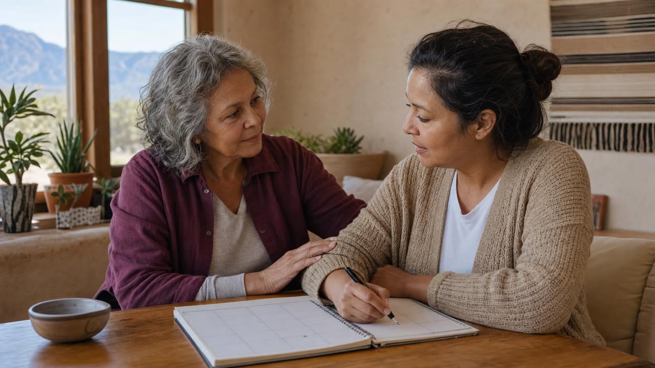 Supportive planning and daily-life structure in Albuquerque, NM Two people making a plan together with care in an Albuquerque-inspired setting