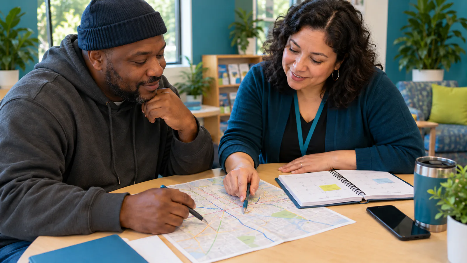 An adult and a care coordinator reviewing transportation and appointment details