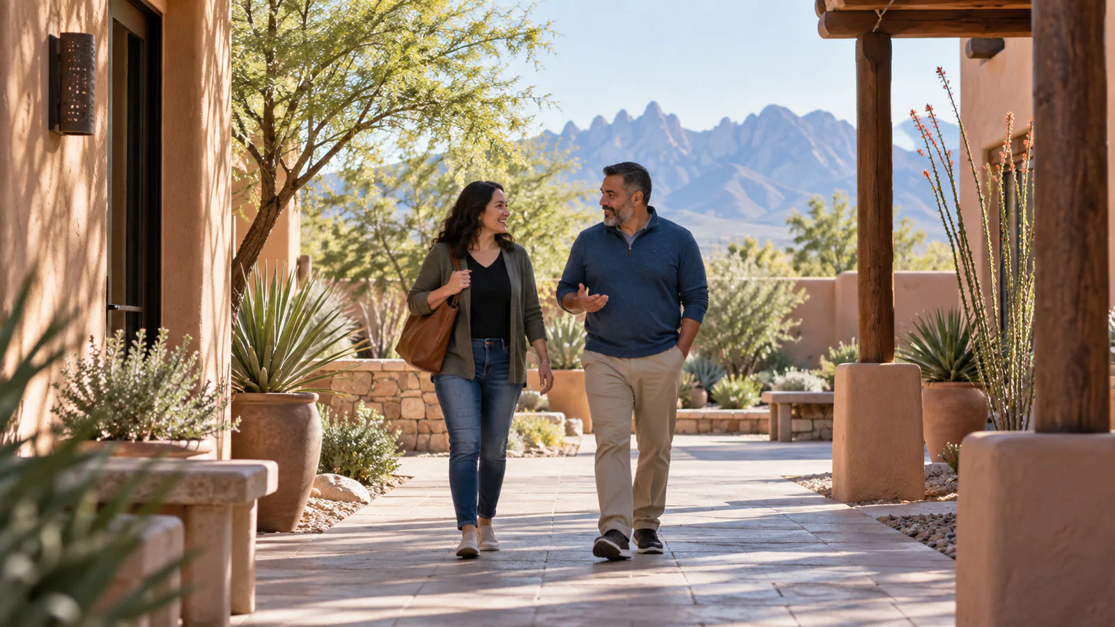 Two adults walking in supportive conversation through a southern New Mexico courtyard