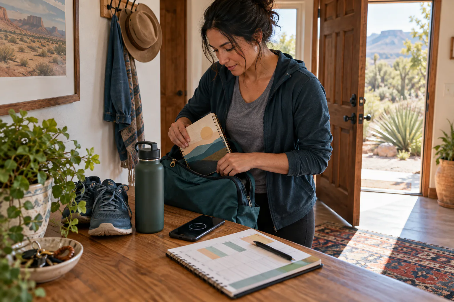 An adult preparing a journal, walking shoes, and practical tools for the day