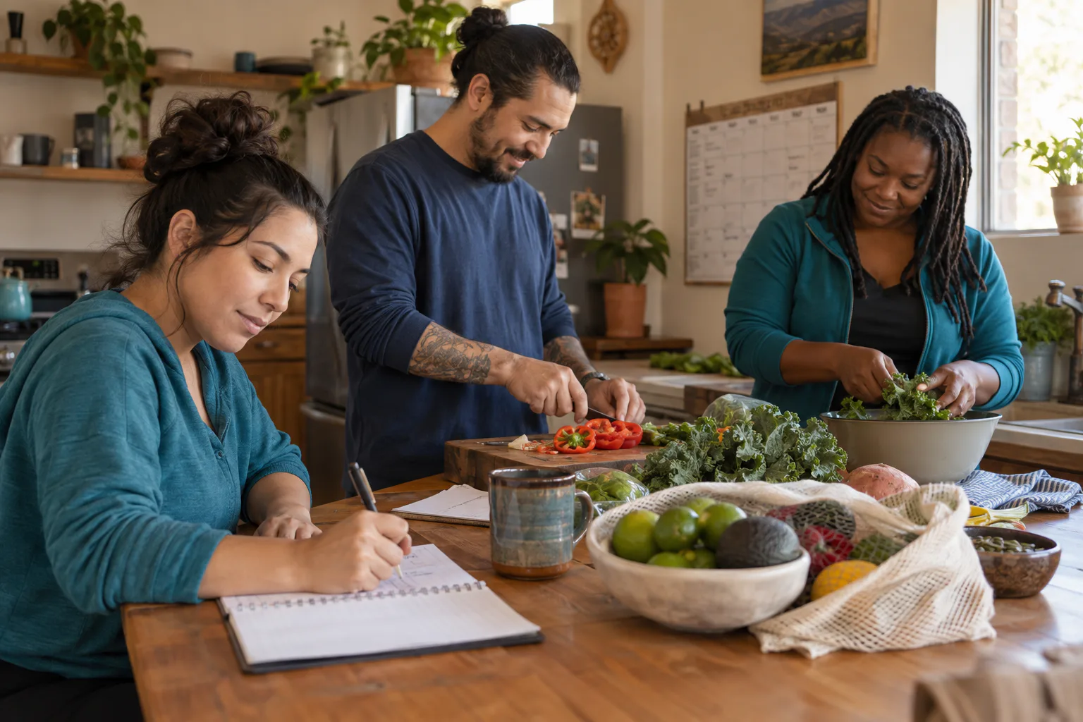 Three adults planning a weekly routine while preparing a meal together