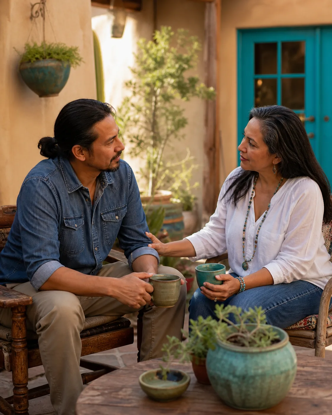 Two adults supporting one another during a conversation in an Albuquerque adobe courtyard