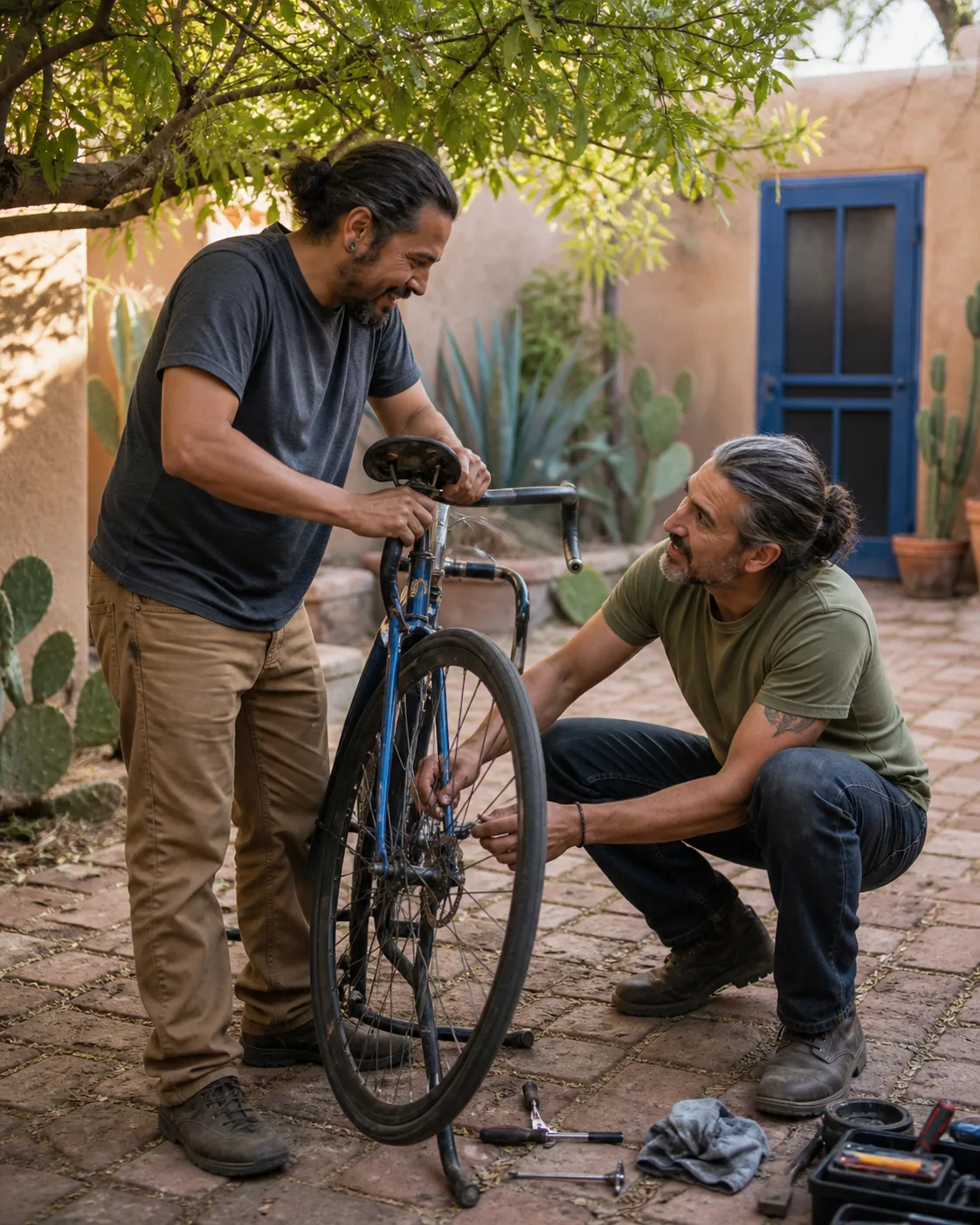 Two adult friends repairing a bicycle together in an adobe courtyard