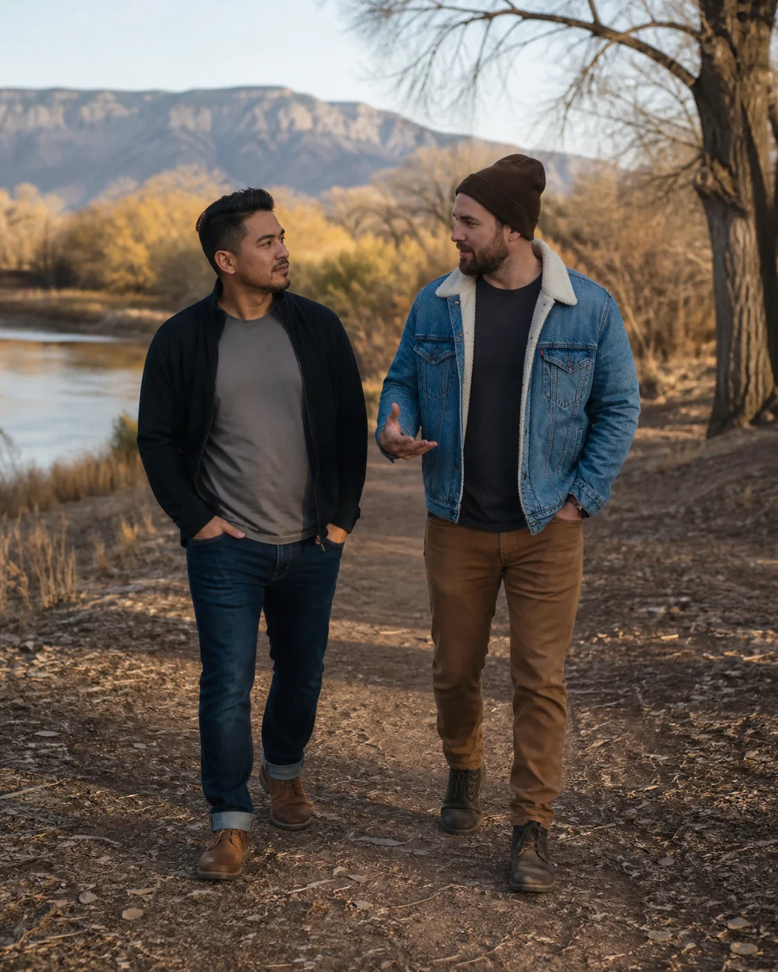 Two adult friends sharing a conversation while walking beside the Rio Grande bosque