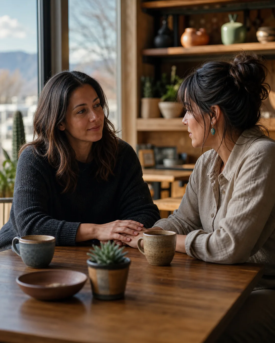 Two adult friends sharing a supportive conversation in an Albuquerque cafe
