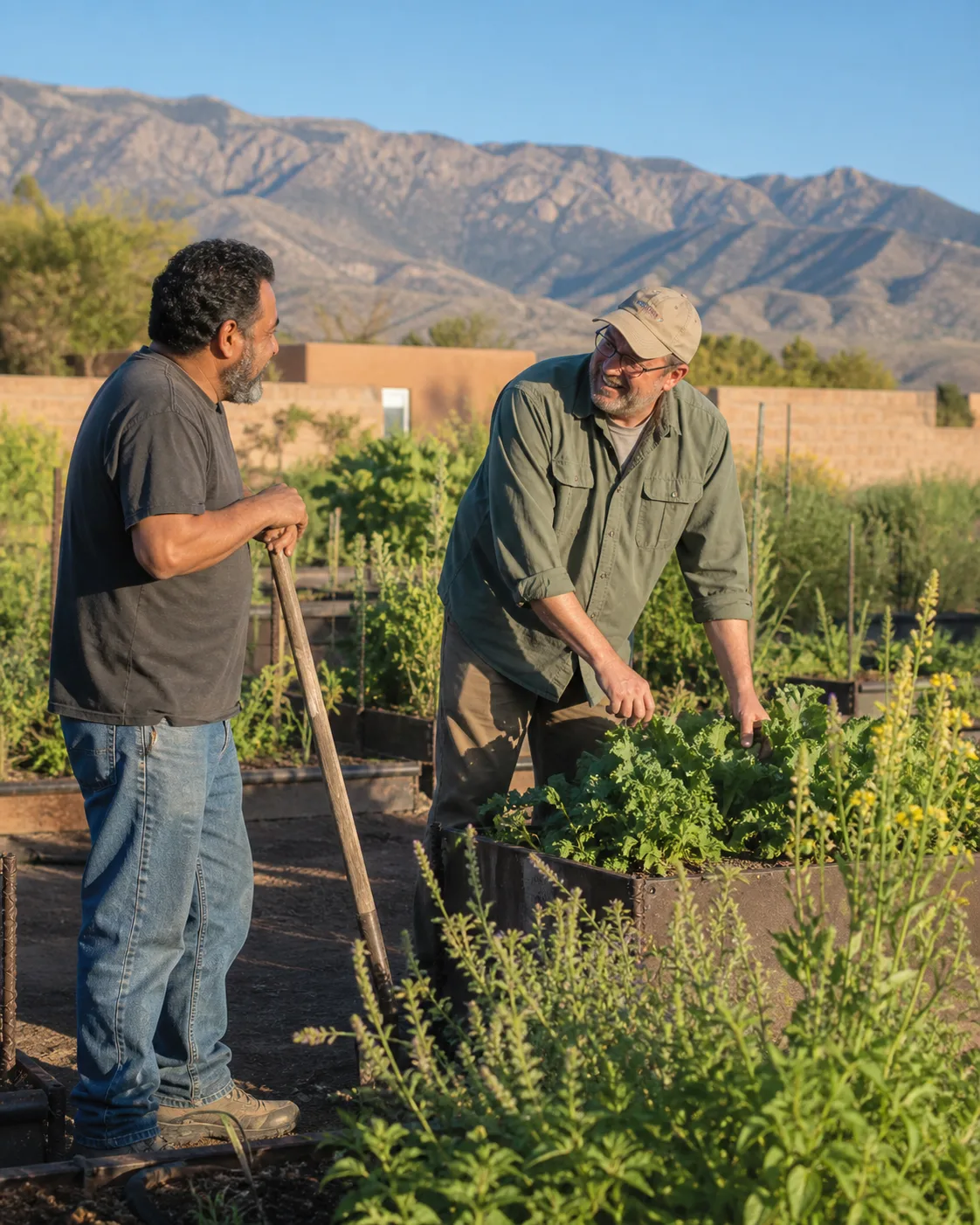 Two adults talking while tending a community garden beneath the Sandia Mountains