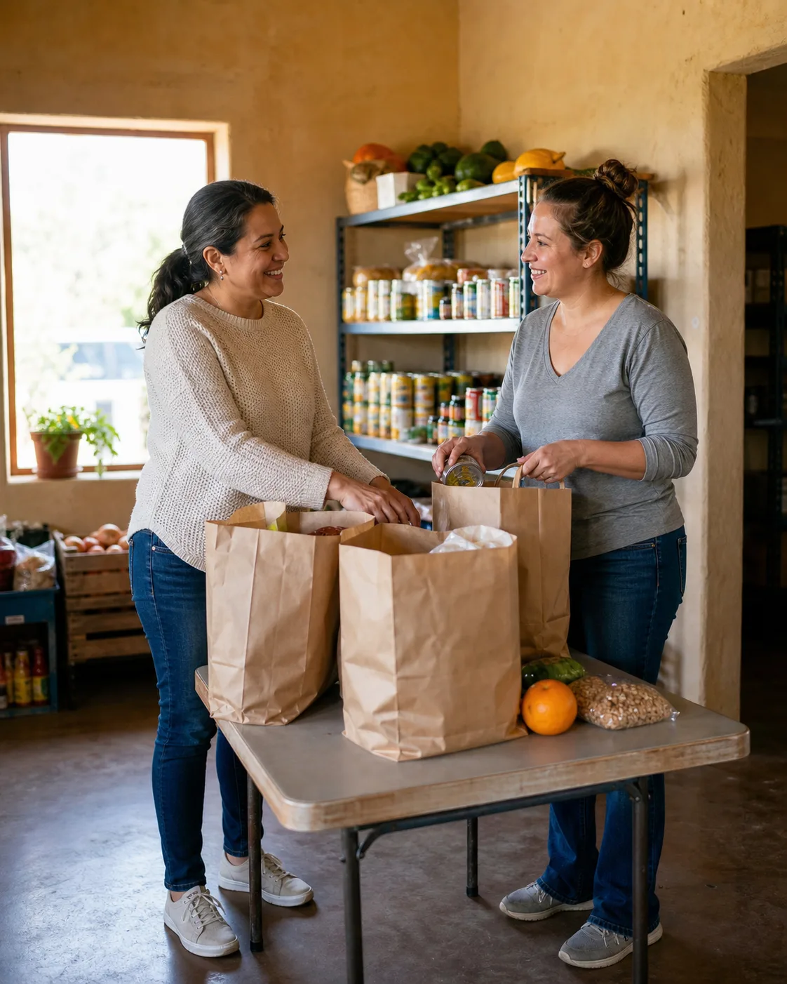 Two adult volunteers packing grocery bags together at a community pantry