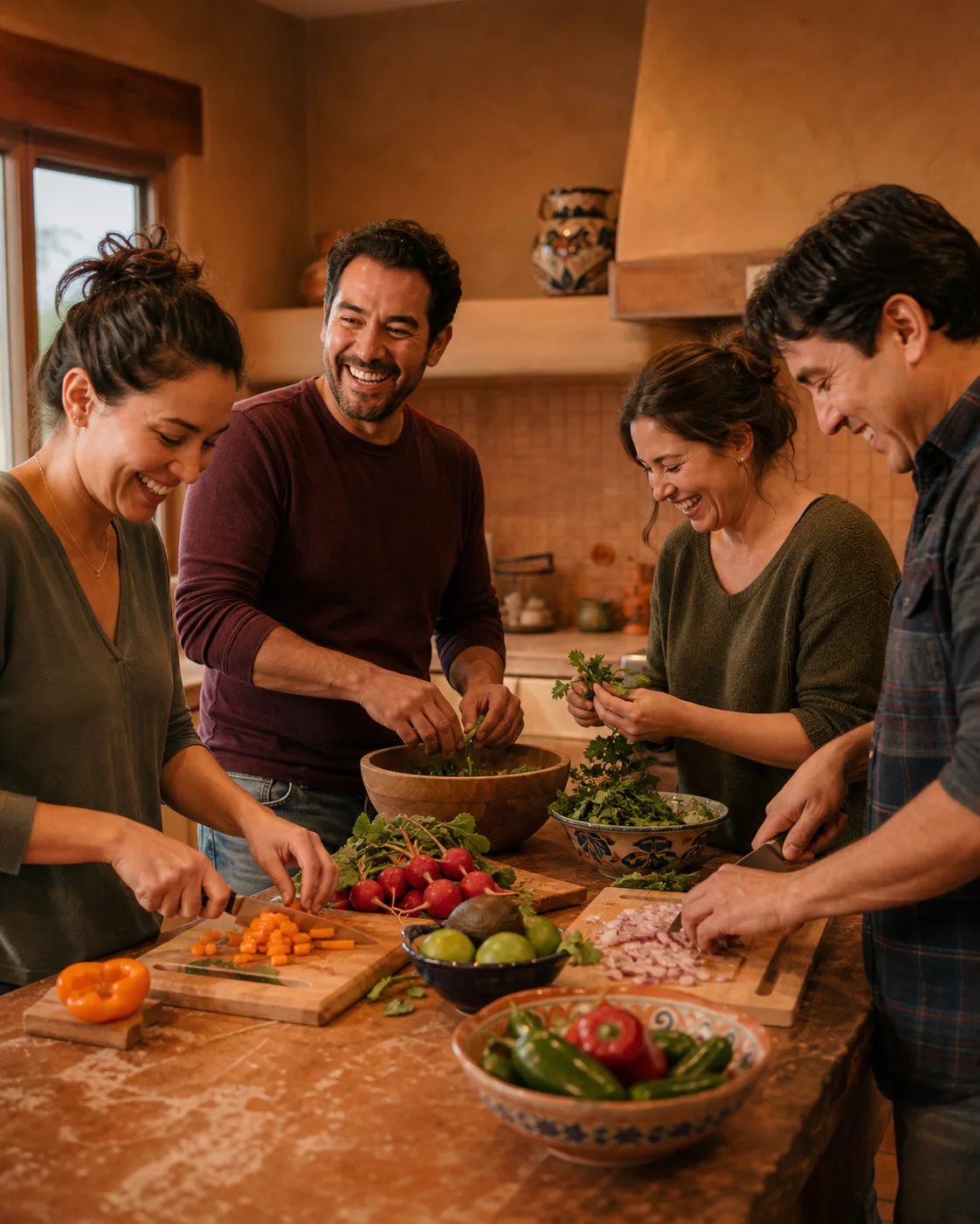 Four adult friends preparing a meal together in a warm Albuquerque kitchen