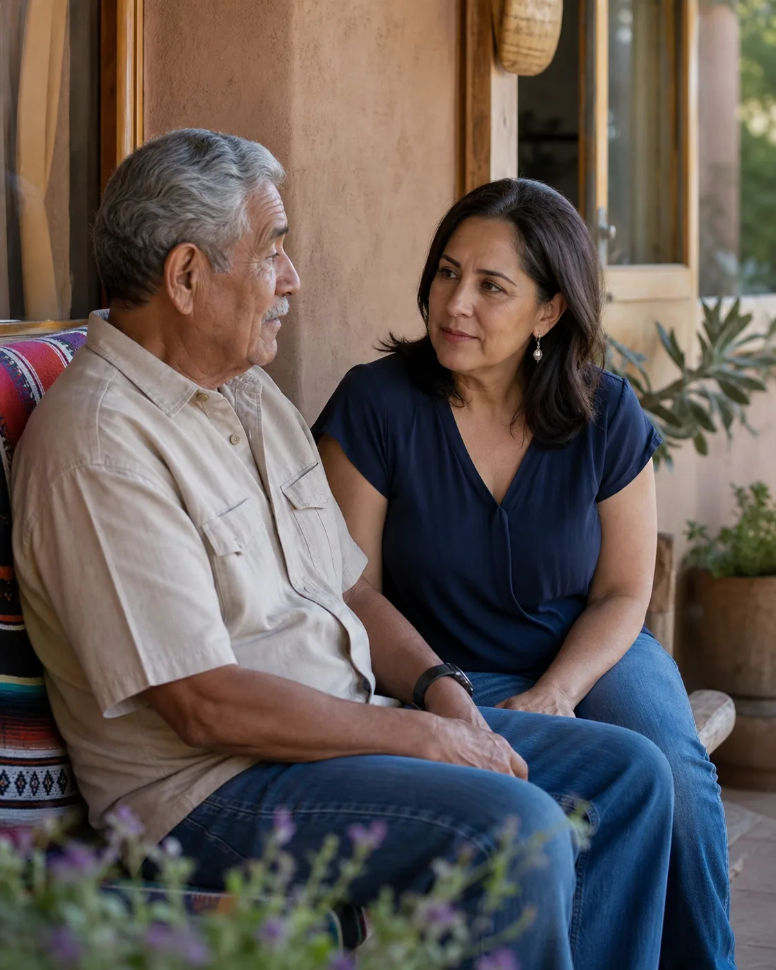 An adult daughter listening to her father during a quiet porch conversation
