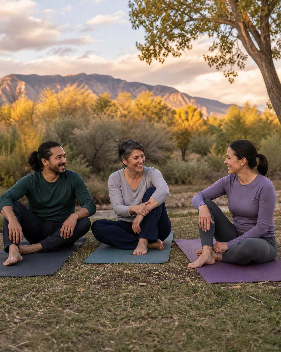Three adults sharing an encouraging conversation after outdoor yoga in Albuquerque