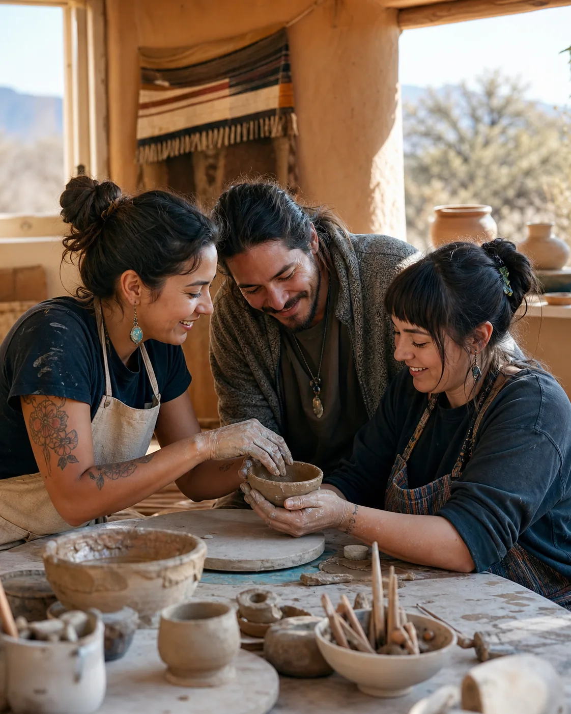 Three adults encouraging one another while making pottery in a New Mexico studio