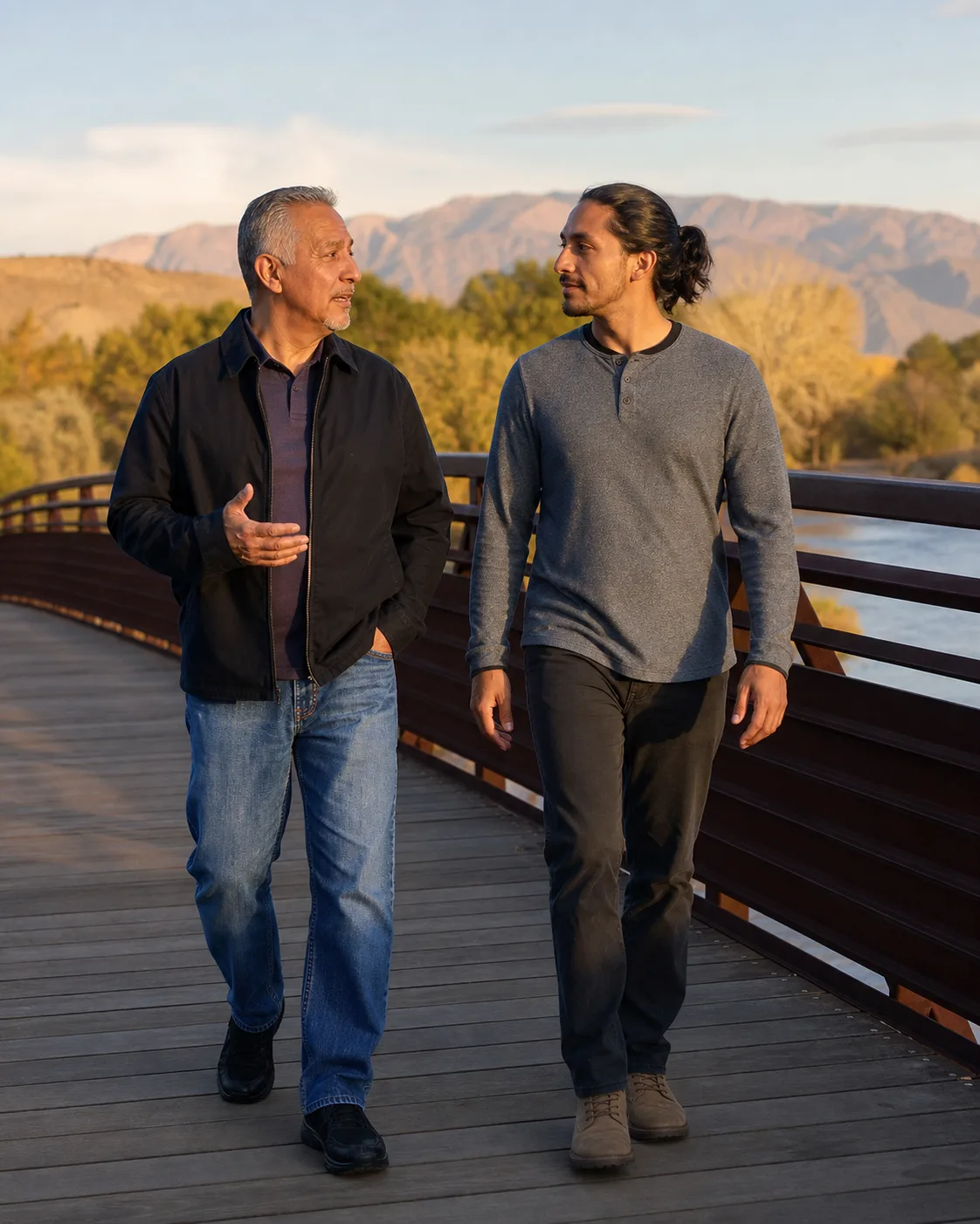 Two adults in a mentoring conversation while walking near the Rio Grande
