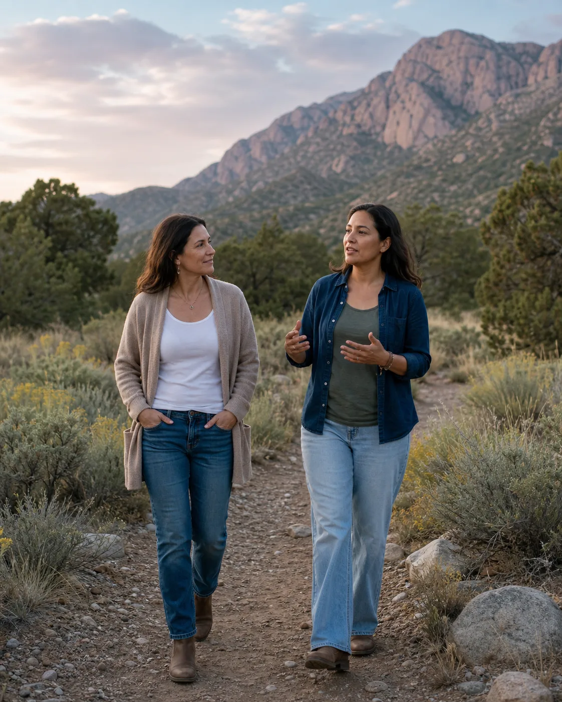Two adult friends talking while walking together near the Sandia foothills