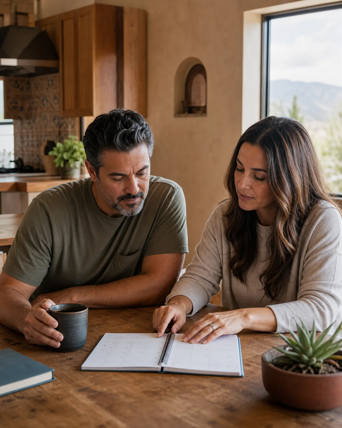 Two adults reviewing a weekly calendar together at a kitchen table