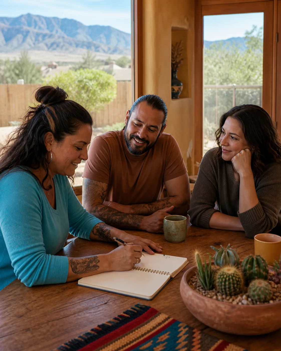 Three adult friends making a practical weekly plan together at a kitchen table