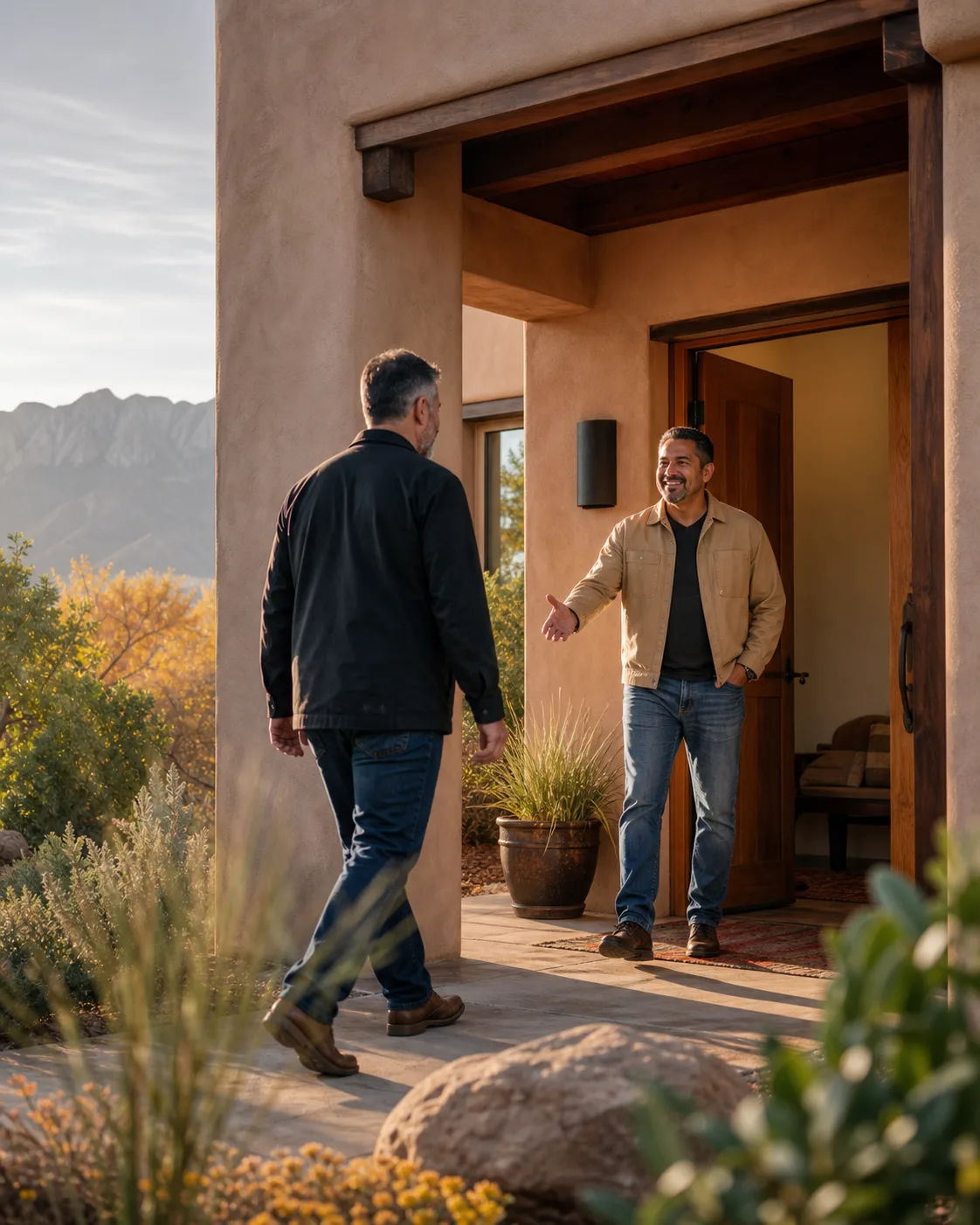 One adult warmly welcoming another at an unbranded Albuquerque adobe building