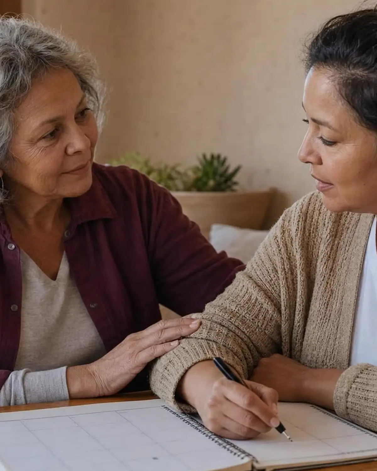 Supportive recovery scene illustrating recognizing triggers