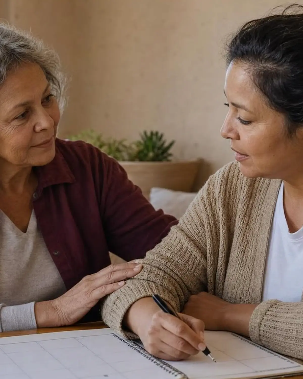 Supportive recovery scene illustrating temazepam (restoril) and addiction